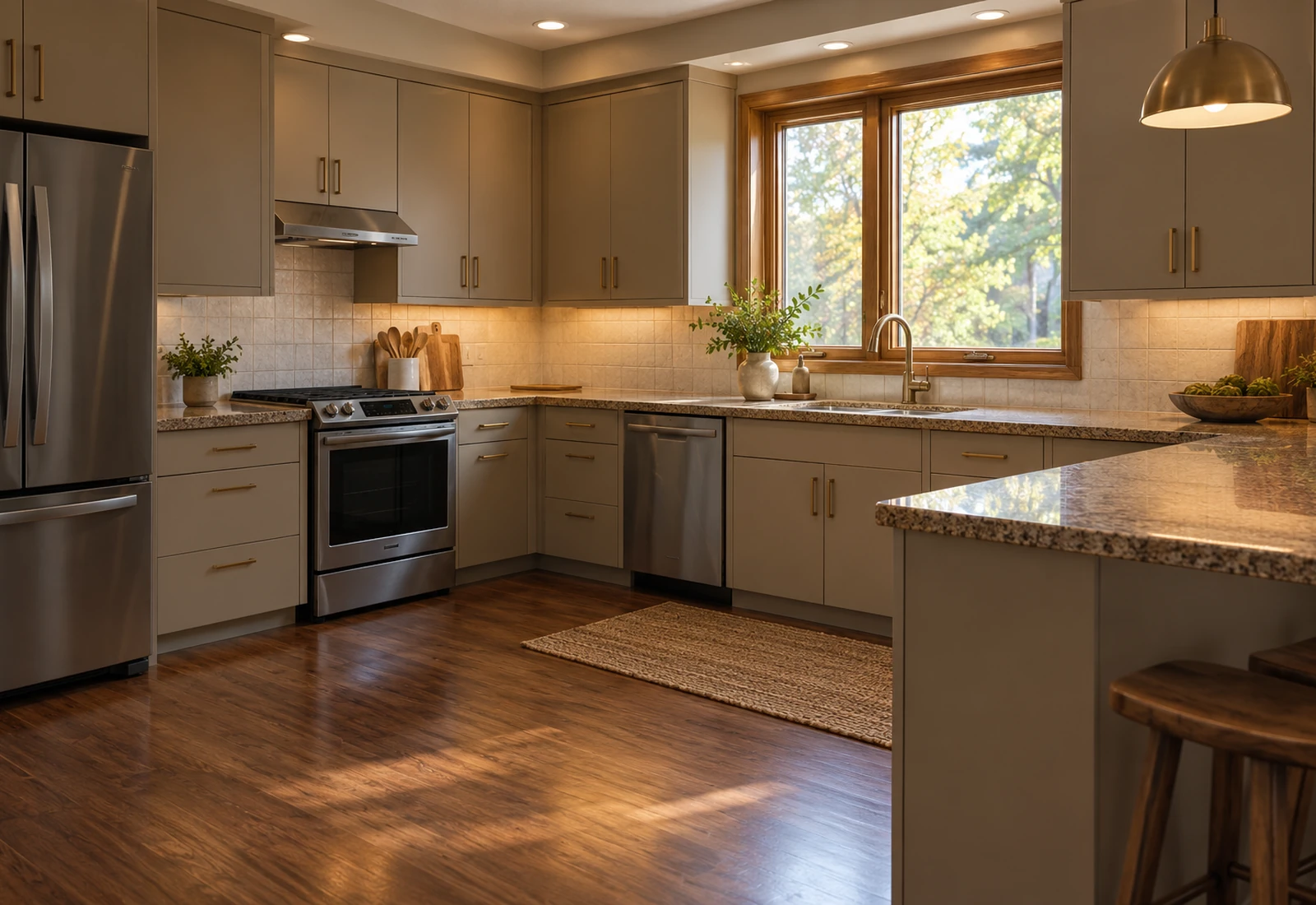 Kitchen with updated taupe flat-panel cabinet doors, drawer fronts, and brass pulls in an existing layout