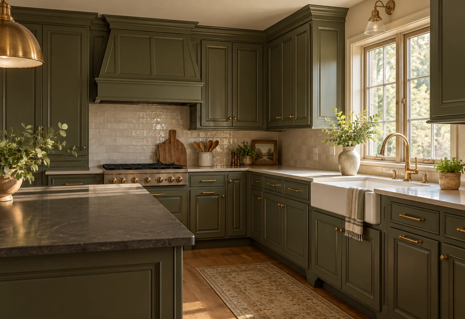Traditional raised-panel kitchen cabinetry with a renewed deep sage painted finish and brass hardware
