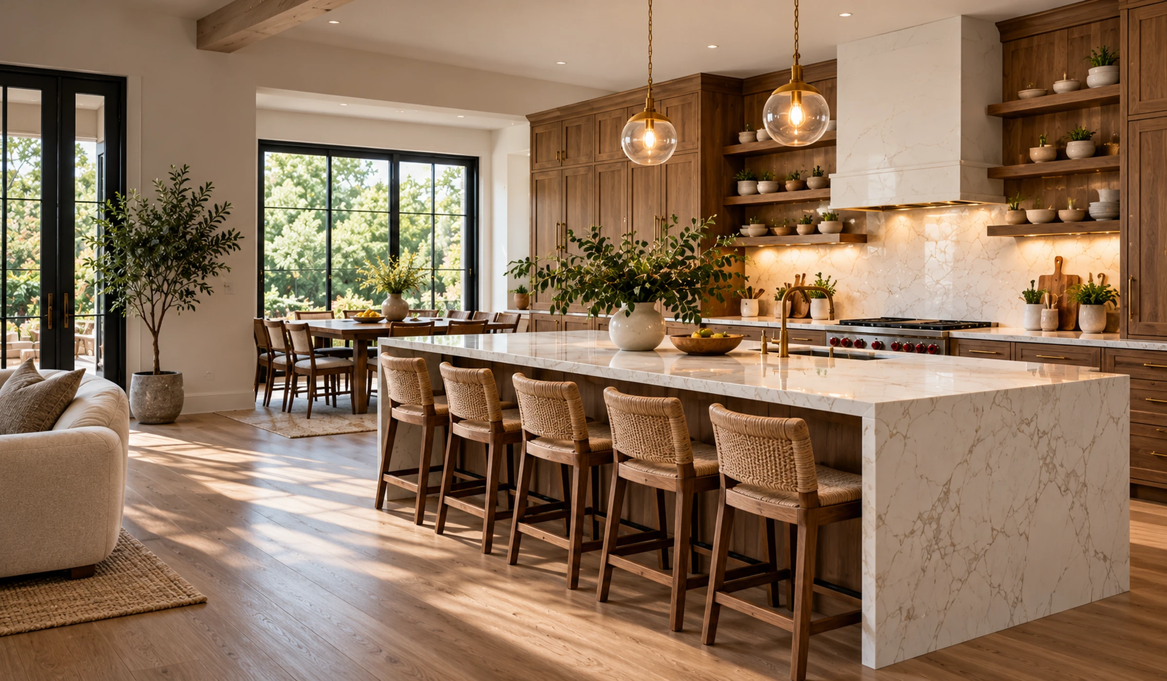 Bright kitchen with a marble waterfall island, walnut cabinetry, brass pendant lights, and large windows