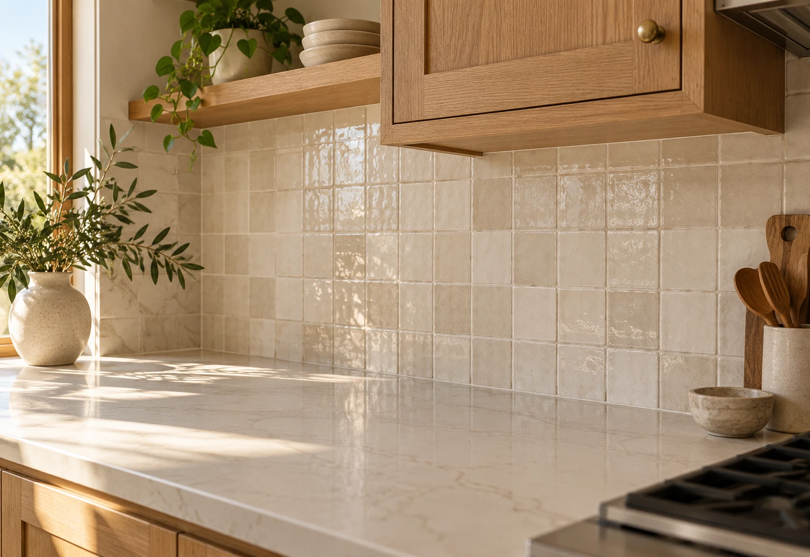 Warm ivory ceramic kitchen backsplash with consistent grout above a pale quartz countertop