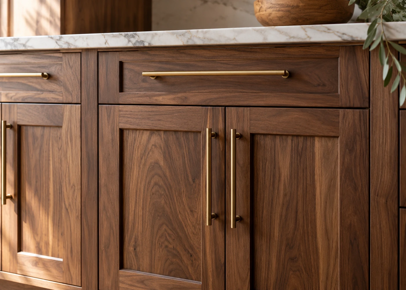 Close-up of walnut shaker cabinets with long brass pulls below a marble countertop