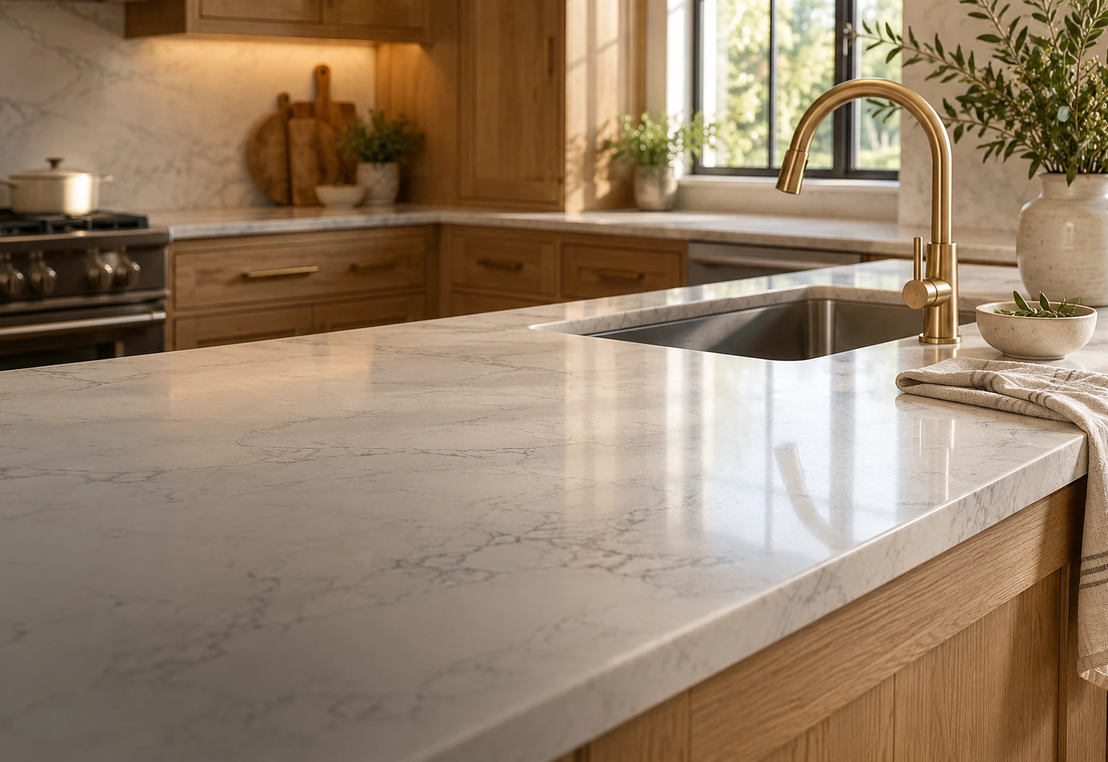 White quartz kitchen countertop with a detailed eased edge, undermount sink, and brass faucet