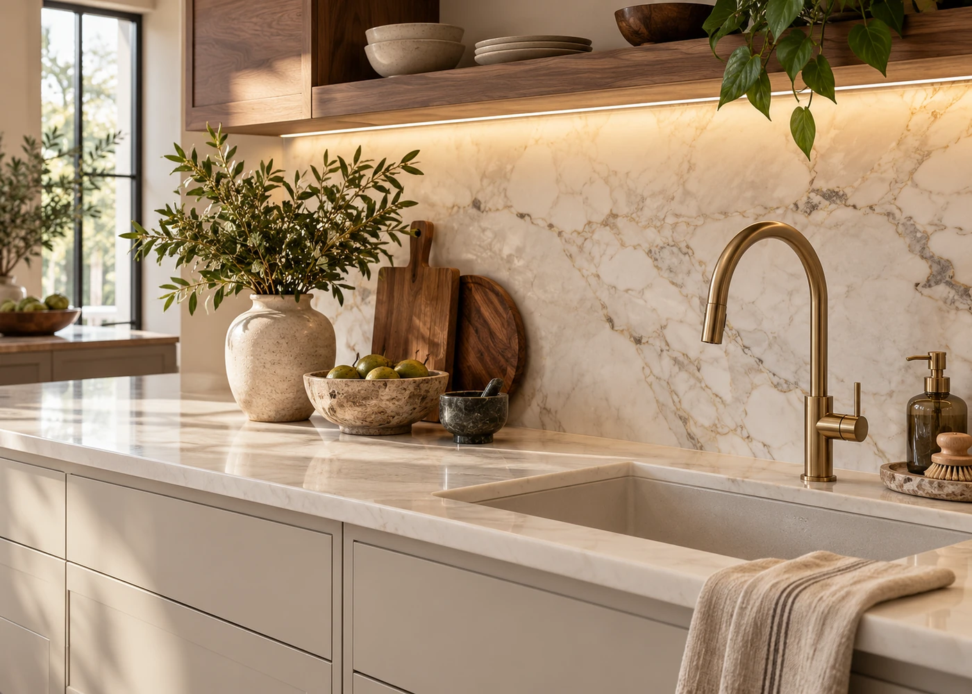 Marble countertop with a brass gooseneck faucet, undermount sink, and a vase of greenery