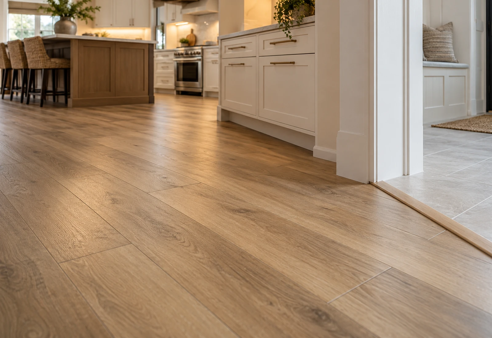Light oak-look kitchen flooring with visible plank texture and a precise transition to pale tile