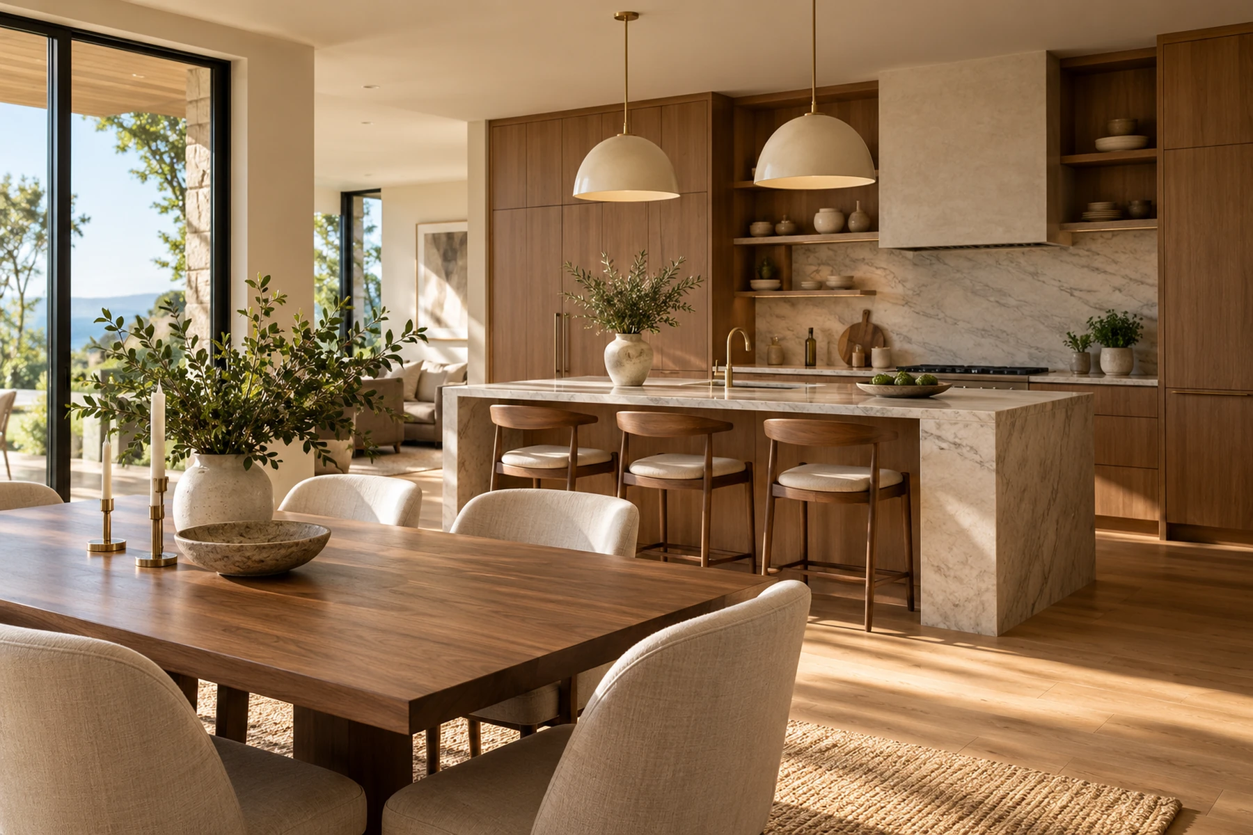Kitchen with a white marble island and pendant lights opening onto a dining table