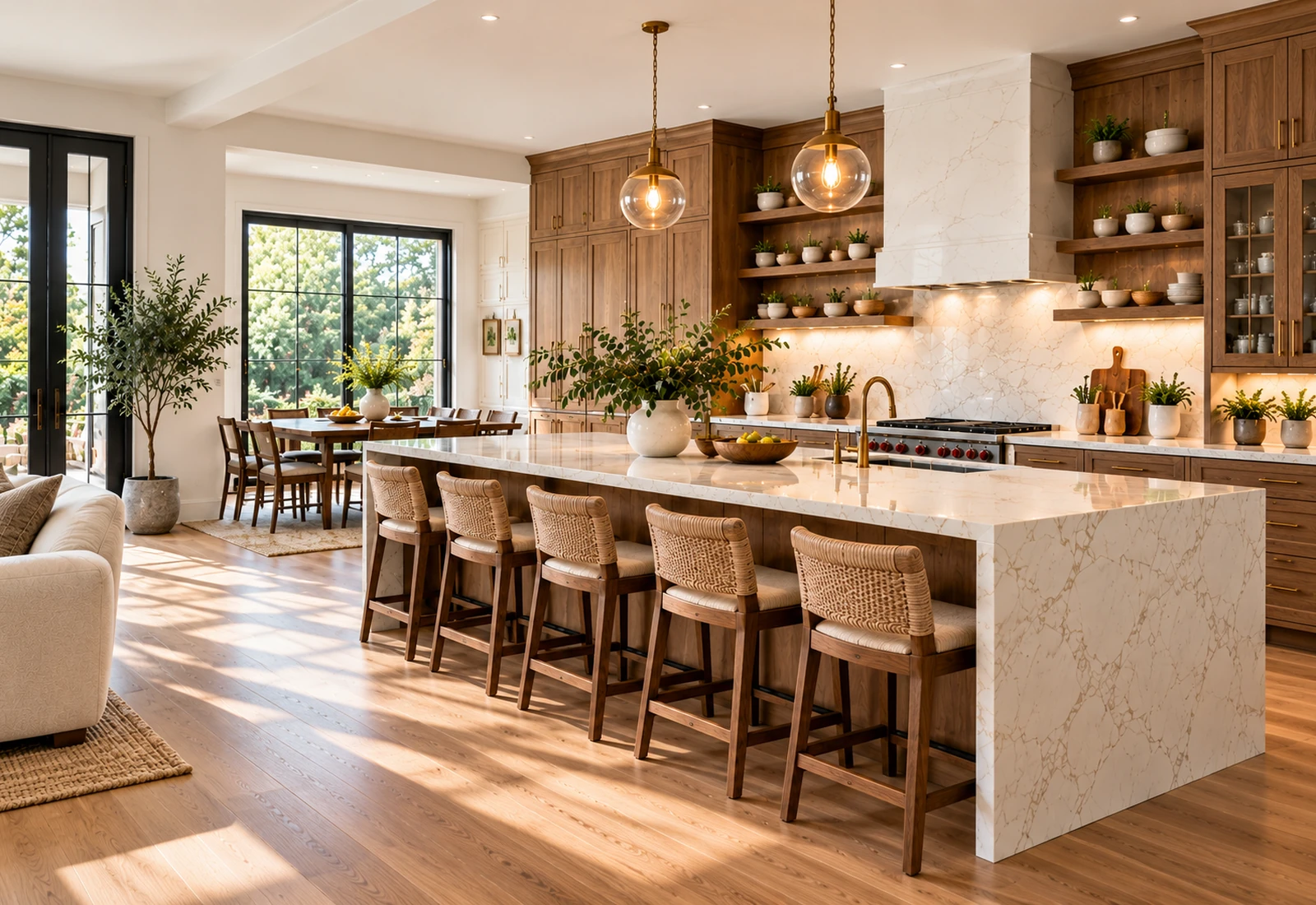 Open-plan kitchen with a long marble island, woven counter stools, and a dining area by the windows